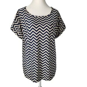 Tacera Blue and Cream Cap Sleeve Boxy Blouse Size M